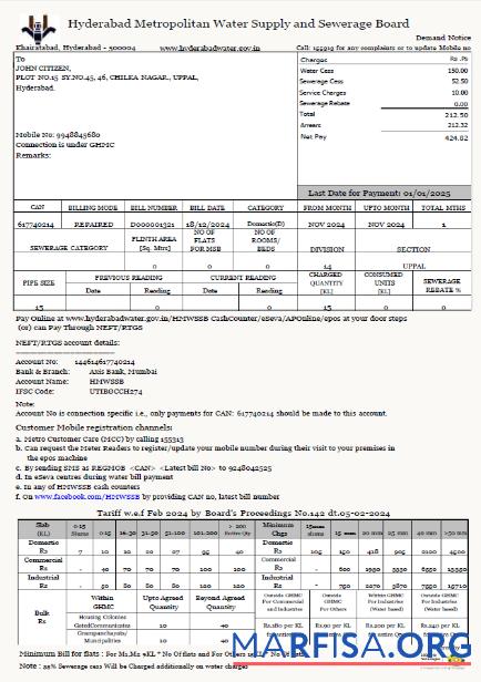 Realistic India Hyderabad Metropolitan Water Supply and Sewerage Board utility bill template in Word and PDF formats